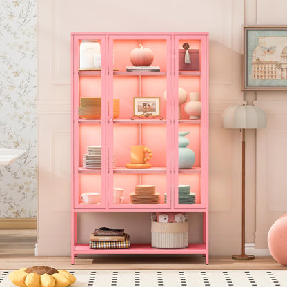 Merax 67" Tall Glass Display Cabinet with Adjustable Shelves and LED Lights, for Collectibles, Modern Steel Storage Curio Cabinet with 3-Sided Glass Display Case for Home Office Study Room, Pink