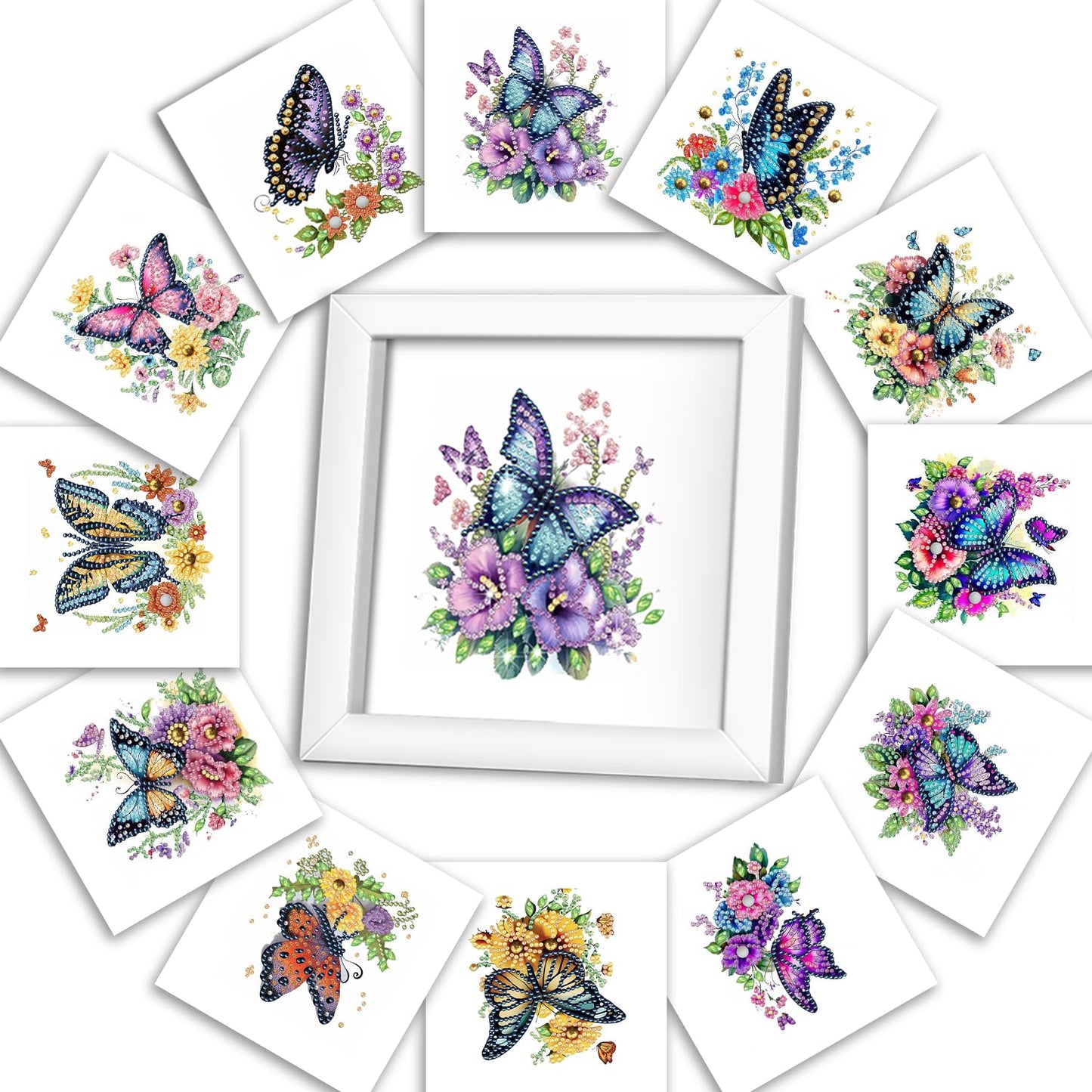 DOZEEZOP 12-Pack Interchangeable Diamond Art Kits for Adults Beginners Teens with Frame, Butterfly & Floral 5D Diamond Paintings with Round Partial Drill, Home Decor DIY Craft Gift (7x7 Inch)
