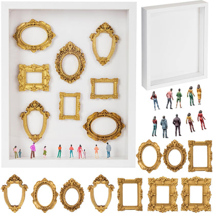 Lineshading 8 x 10 inch DIY Mini Shadow Box Kit Museum Design Silhouette Shadow Box Frame with 10 Mini Gold Frames & 10 Museum Themed Figurines for Pictures, Crafts & Home Decor Gift(White)