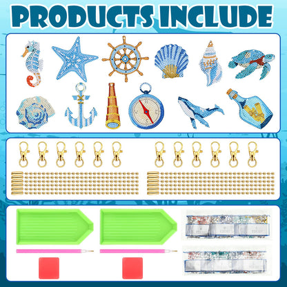 BBTO 15 Pcs Summer Ocean Diamond Painting Keychains Kits 5D DIY Summer Diamond Art Painting Keyrings Sea Animals Theme Key Chains for Beach Party Crafts Ornaments