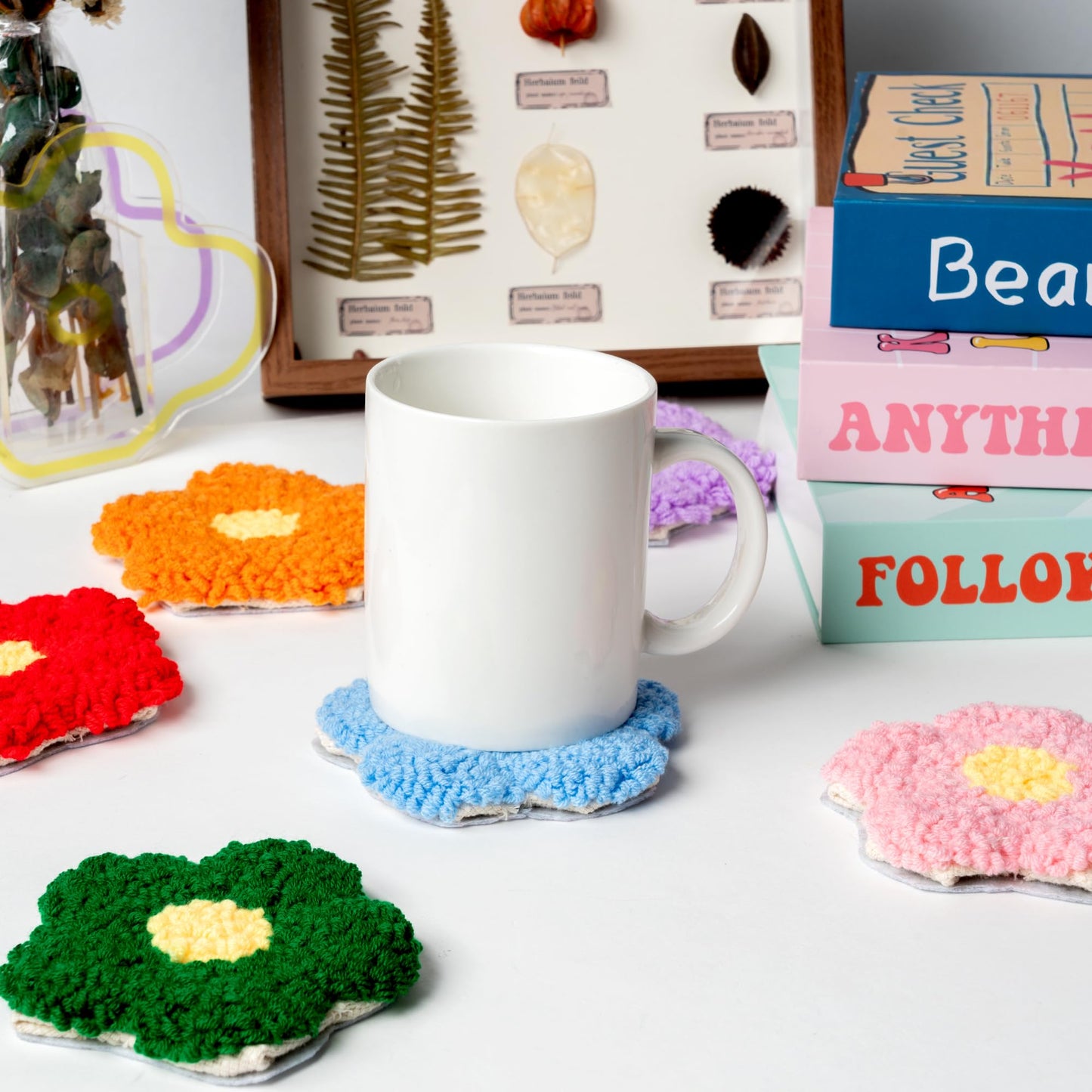 WATINC Flower Punch Needle Coaster Kit - 22Pcs Crafts Punch Needle Coasters Kits for Beginners, Flower Patterns Tufted Rug Pads with Adhesive Felt Yarns Embroidery Hoop Instruction