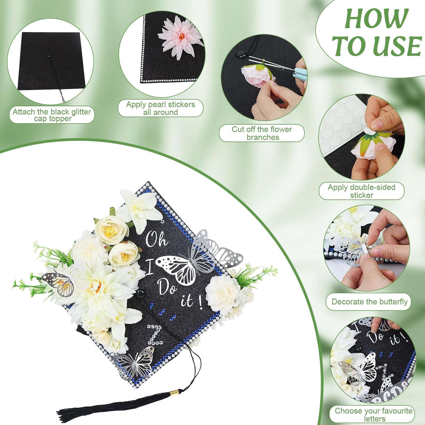 TKNOUS White Flower DIY Graduation Cap Decorations - Artificial Flower Heads, 3D Butterfly & Alphabet Letter Stickers, Glitter Paper for Art DIY Hat Grad Cap Topper