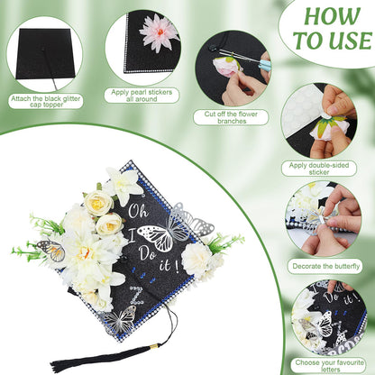 TKNOUS White Flower DIY Graduation Cap Decorations - Artificial Flower Heads, 3D Butterfly & Alphabet Letter Stickers, Glitter Paper for Art DIY Hat Grad Cap Topper