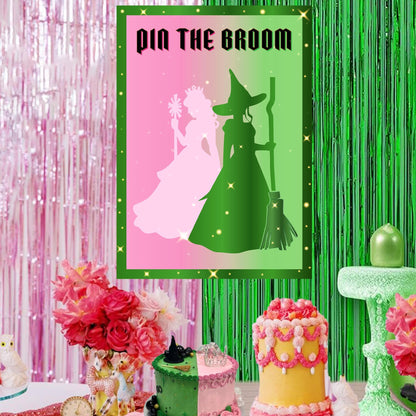 AFZMON Witch Party Decorations Pin The Broom Birthday Party Games Decorations, Pink and Green Poster with 24 Reusable Broom Stickers for Witch Party Wall Decorations Supplies- 19.5Inch x27.5Inch