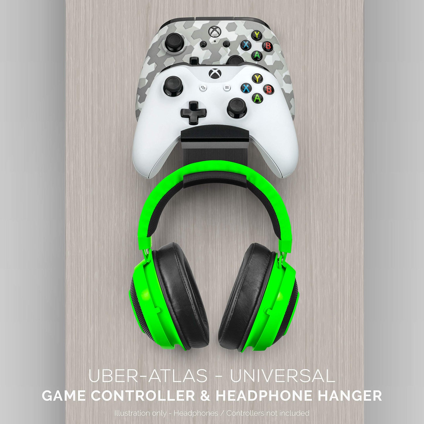 BRAINWAVZ The UberAtlas Dual Game Controller & Headphone Stand Wall Mount Holder for Xbox ONE, Series X, PS5, PS4, PS3, Switch, STEELSERIES Gamepad & More, Stay Organized No Screws