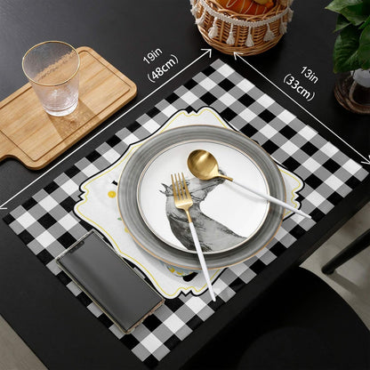 Victories Placemats for Dining Table - Summer Rural Lemon Gnomes Black White Buffalo Plaid, Set of 6