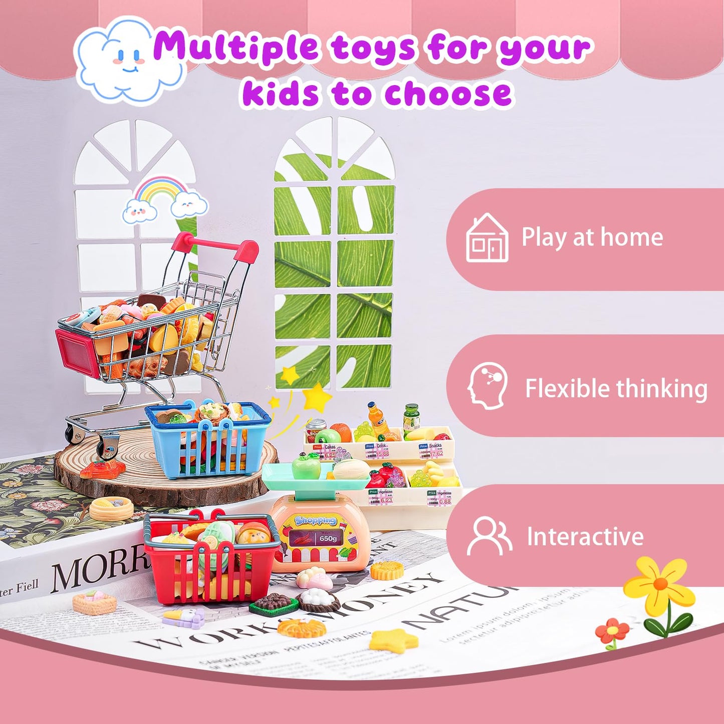183Mini Food Toys Dollhouse Fruit Vegetable Bread Rack Display Shelf Grocery Store Shopping Cart Basket Miniature Drink Supermarket Metal Handcart Kitchen Play Game Party Cash Register