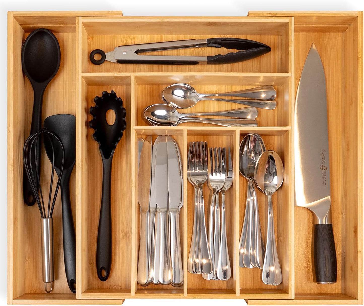 Utensil Drawer Organizer - 3" Deep 100% Bamboo Expandable Adjustable Kitchen Silverware Storage Tray with Magnetic Lock