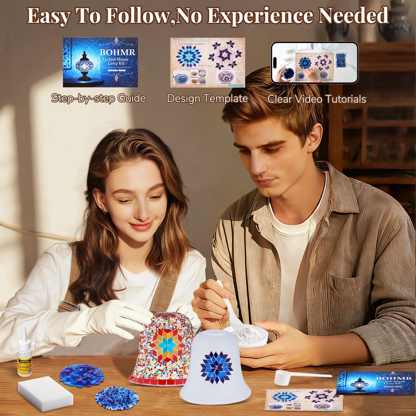DIY Turkish Mosaic Lamp Kit, Stained Glass Candle Warmer Table Lamp Making Kit- Easy and Fun, No Experience Needed, Mosaic Art & Craft Project Kits for Adults & Teens, Make Your Own Lamp, Multicolor