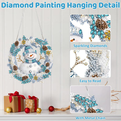 MEIYUDA Snowman Diamond Art Hanging Kits for Adult, Snowman Winter Wreath Diamond Painting Hanging Kits Ornaments, DIY Special Shaped Rhinestone Window Pendants kit for Home Garden Wall Decor