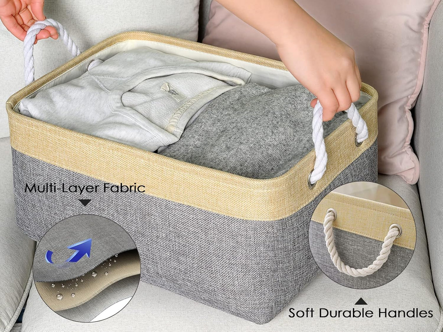 TheWarmHome Decorative Basket, Rectangular Fabric Storage Bin Organizer with Handles for Clothes Storage (Gold&Grey)