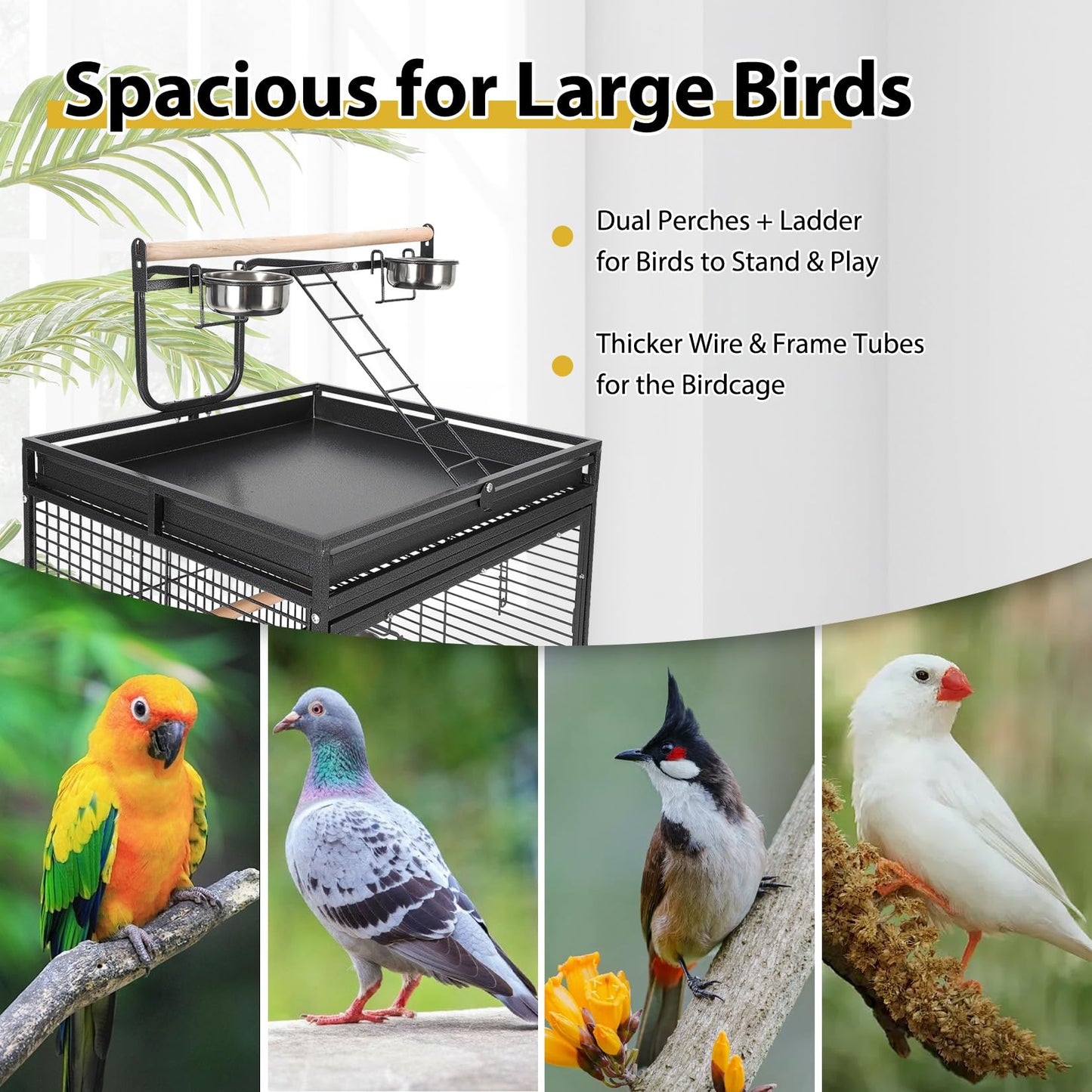 64.4" Tall Large Bird Cage, Metal Parrot Cage with Rolling Stand, Play Top & Bowls - Bird Aviary for Parrots, Parakeets, Conures, Cockatiels, Indoor Outdoor Aviary for Outside Porch Garden Yard