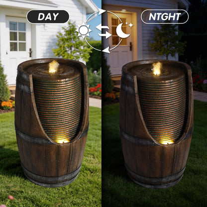 mdj pottery 24.8" Tall Outdoor Water Fountain, Rustic Barrel Style Cascading Resin Waterfall with Warm LED Lights, Weather-Resistant Patio Fountain for Patio Yard Porch - Brown Gray