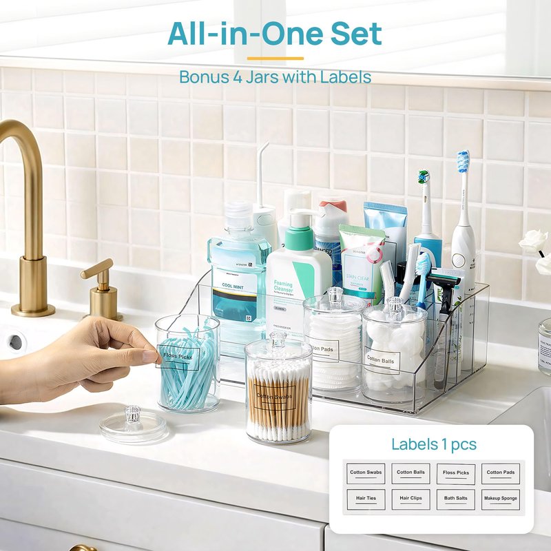 Vtopmart 5 PCS Bathroom Countertop Organizer, 1 Divided Tray with 4 Qtip Holder Jars, Restroom Clear Organizers for Toothbrush, Cotton Pads Balls, Floss, Bathroom Vanity Accessories Storage Set