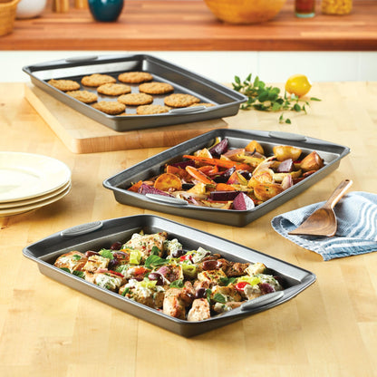 Rachael Ray Nonstick Bakeware Set with Grips, Nonstick Cookie Sheets / Baking Sheets - 3 Piece, Gray with Sea Salt Gray Grips