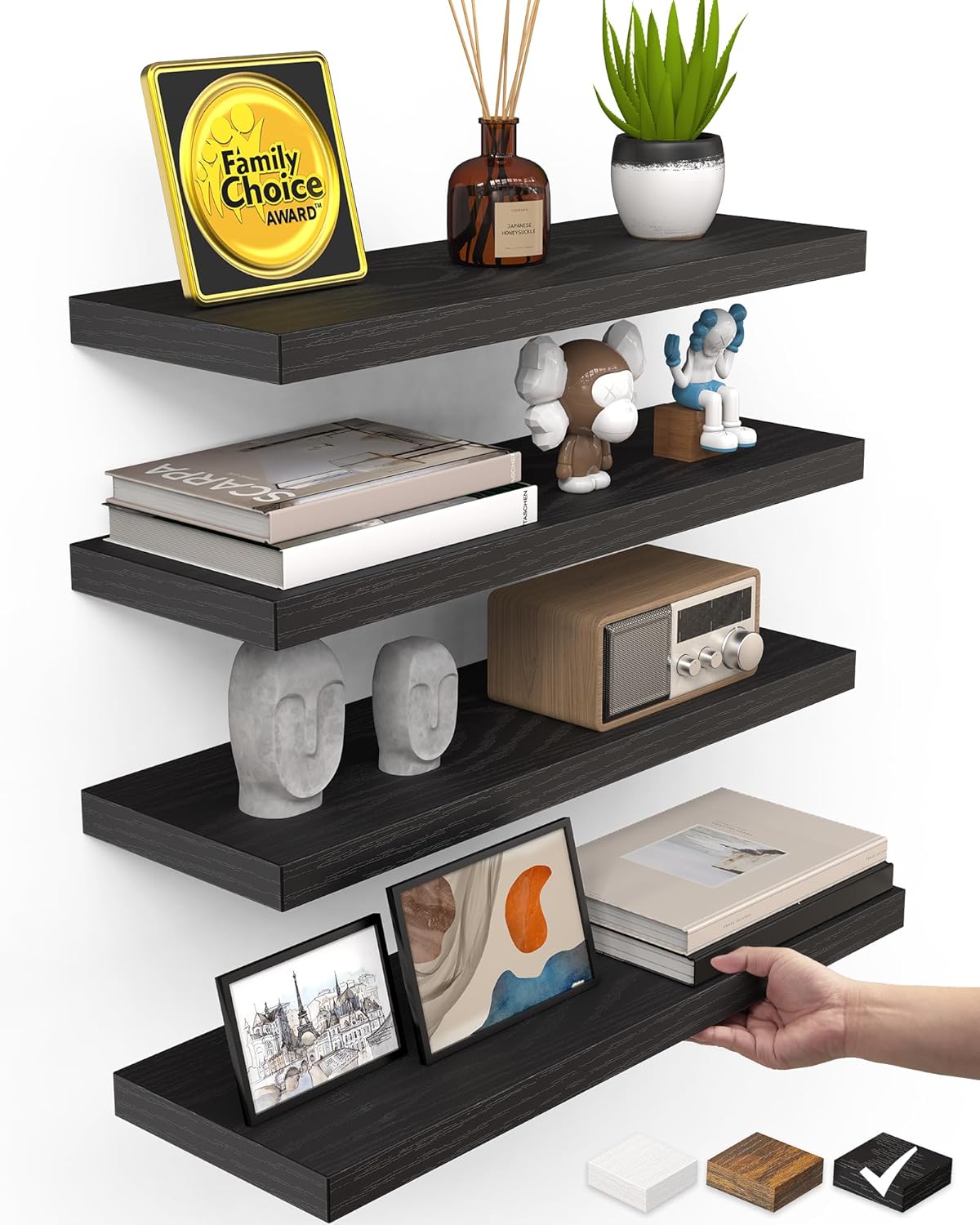 15.7in 22lbs Set 4) BAYKA Floating Shelves for Wall, Wall Mounted Rustic Wood Shelves for Bathroom, Bedroom, Living