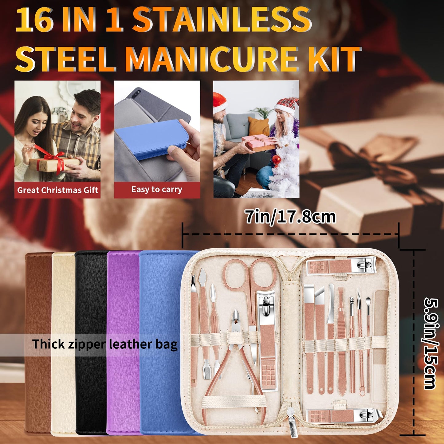 Manicure Set 16Pcs Professional Stainless Steel Pedicure Kit Mens Grooming Kit Fingernail & Toenail Clippers Set Manicure Kit with Luxurious Travel Bag, Sharp Nail Scissors and Clipper (Purple)