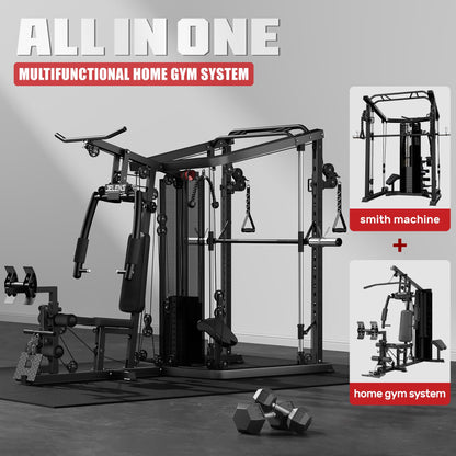 JELENS Home Gym System, 150LB Weight Stack Smith Machine with LAT Pull-Down & Leg Press, All-in-One Strength Training Equipment, Workout Station for Workout (Black, Classical Package)