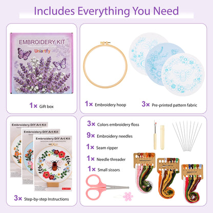 Uniartfy 3 Pack Bee Flower Embroidery Kits for Beginners, Cross Stitch Kit for Adults, DIY Needlepoint with Embroidery Hoop, Tools, Easy to Learn Video & Instructions, Hand Embroidery Starter Kit