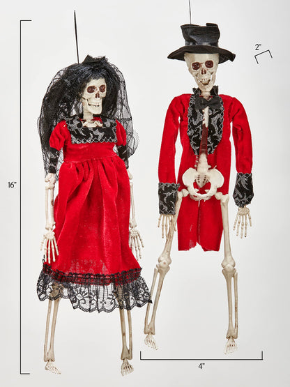 16" Hanging Dressed Halloween Skeleton Groom & Bride, Set of 2