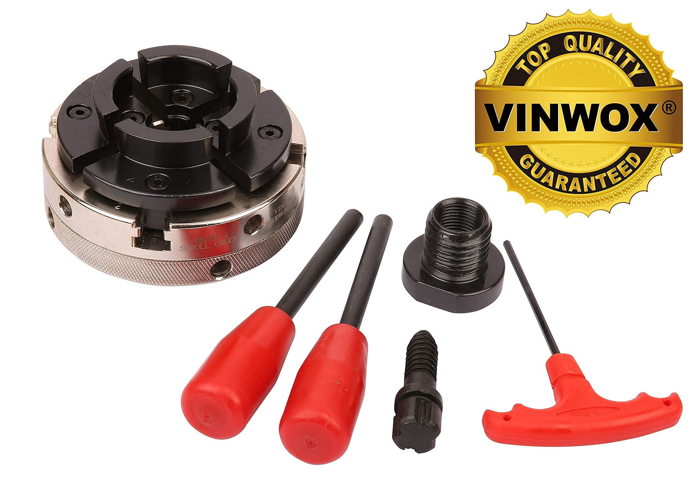 VINWOX 4INCH 4-Jaw Self-Centering Wood Lathe Chuck, 2" Round Jaw Mounted, 1"x8TPI thread & 3/4"x16TPI Adapter, T Allen Wrench, Screw Chuck, SCR4-4, Nickle electric Coating Body