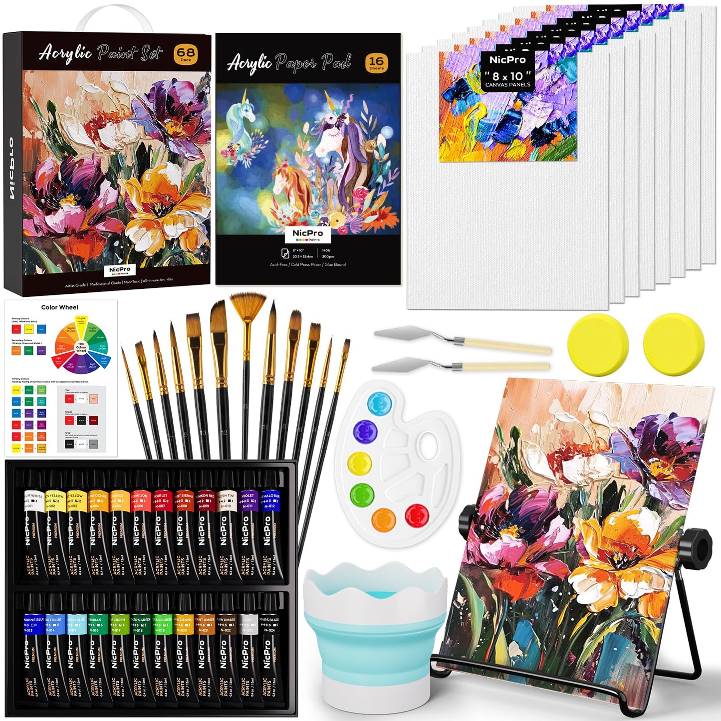 Nicpro 68PCS Acrylic Paint Canvas Set for Adults, Art Painting Supplies Kit with 24 Acrylic Paints,Table Easel,8 Canvas Panels,12 Brushes,Paper Pad,Cleaning Cup, Sponge, Palette for Beginner Artist