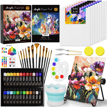 Nicpro 68PCS Acrylic Paint Canvas Set for Adults, Art Painting Supplies Kit with 24 Acrylic Paints,Table Easel,8 Canvas Panels,12 Brushes,Paper Pad,Cleaning Cup, Sponge, Palette for Beginner Artist