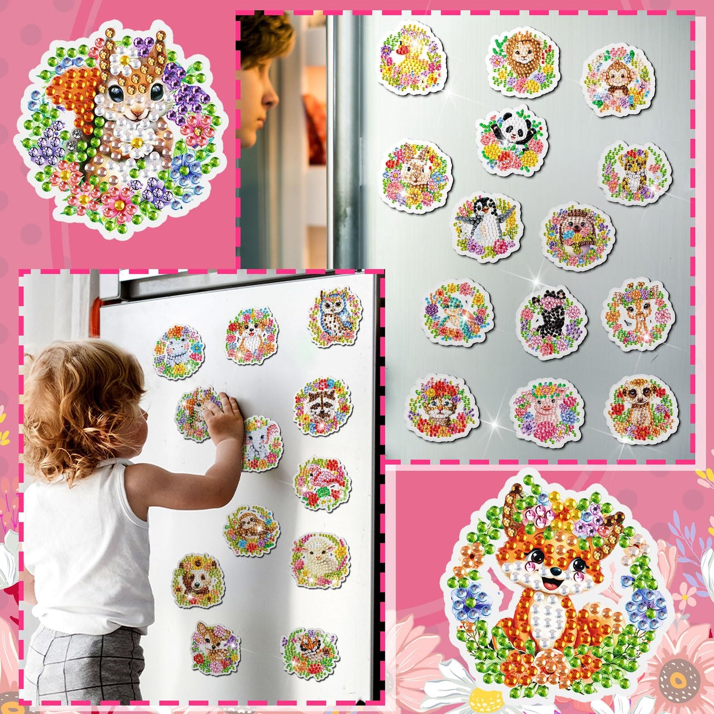 Xuhal 30 Pcs Spring Animal Diamond Painting Magnet Flower Animal Diamond Art Magnet Kits for Adults Floral Wreath Elephant Refrigerator Magnetic Sticker 5D Rhinestone Fridge Sticker for DIY Craft Gift
