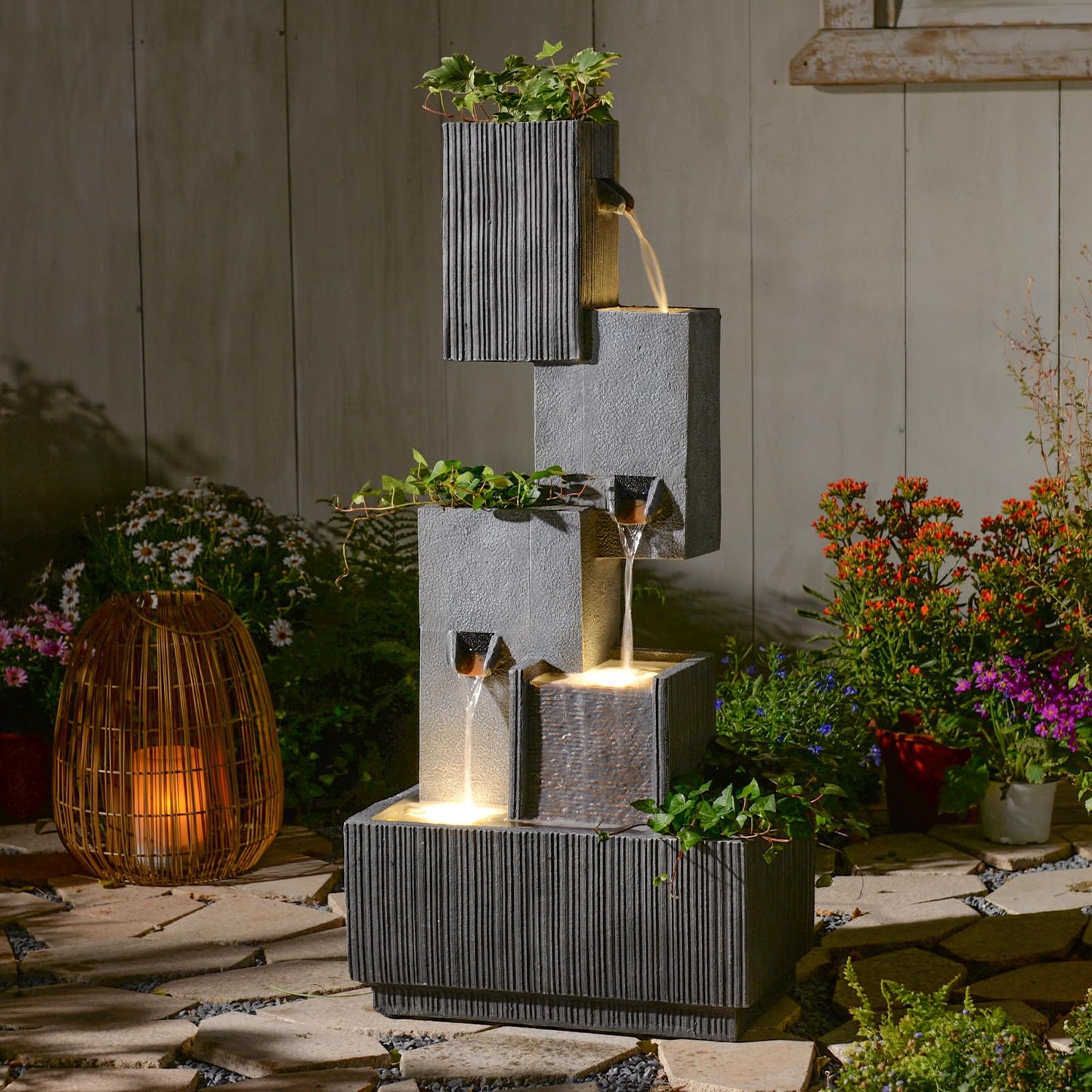 GardesT Outdoor Waterfall Fountain with LED Lights – 41.3" Tiered Resin Garden Fountain for Patio, Yard, or Backyard – Weather-Resistant Design Modern Decor