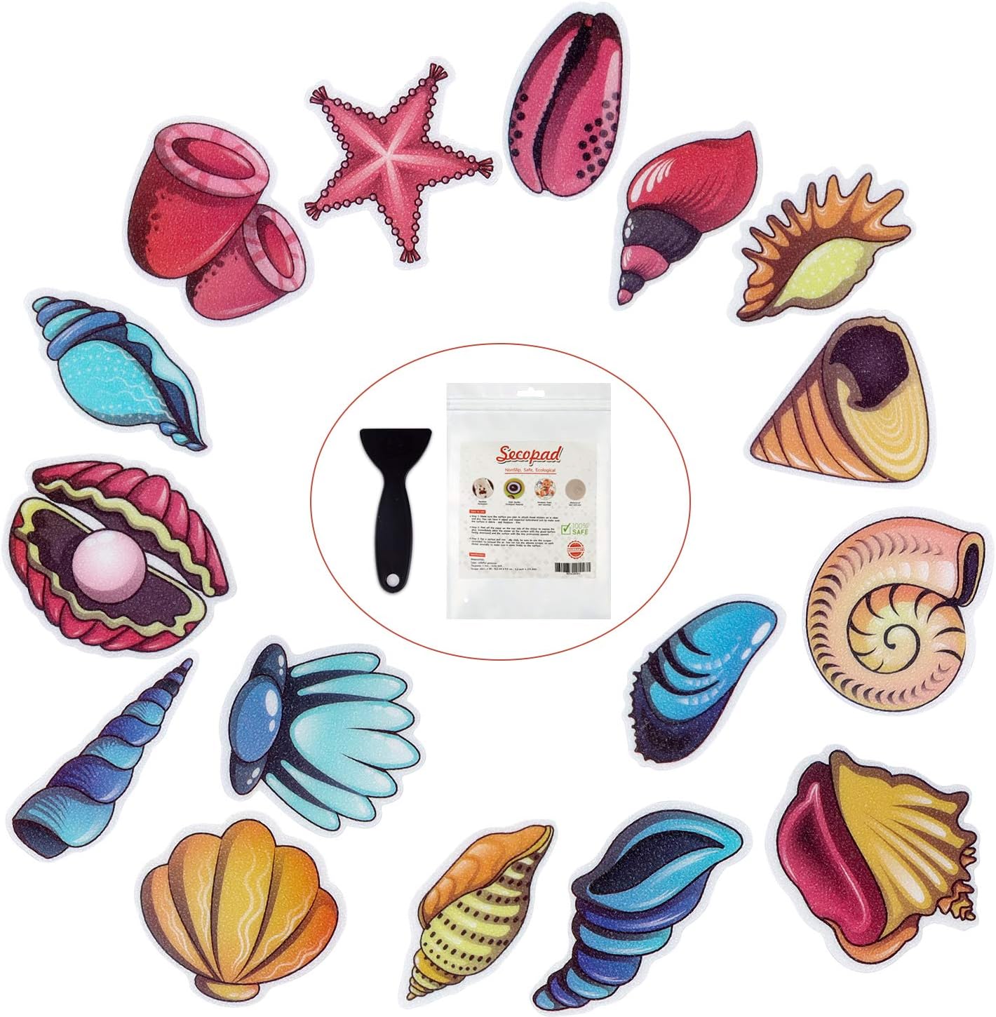 16 Secopad Non Slip Bathtub Stickers, PCS Adhesive Kids Sea Shell Anti Slip Decal Treads for Shower and Bath Tub