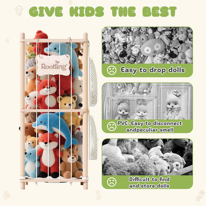 Rootling Stuffed Animal Storage & Organizer, 54 inch Tall Wooden Cute Zoo Toy Holder w/Building Block Storage Bag, Premium Wooden Material with Elastic Cord for Toddler Rooms, Playrooms (Small)
