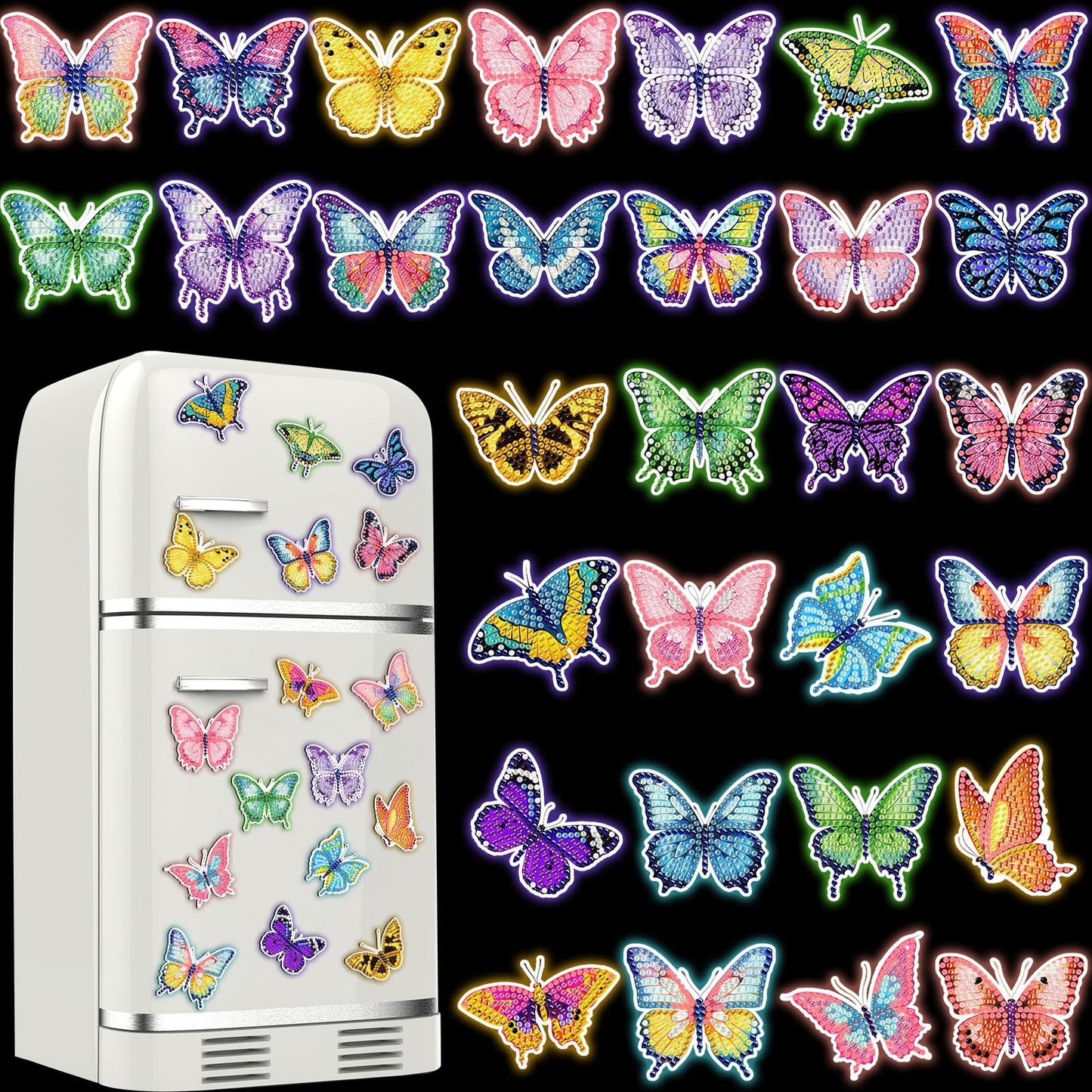 30 Pcs Butterfly Diamond Painting Magnets Luminous Butterfly Diamond Art Kits for Refrigerator Spring Fridge Magnet Stickers for DIY Craft Home Decors