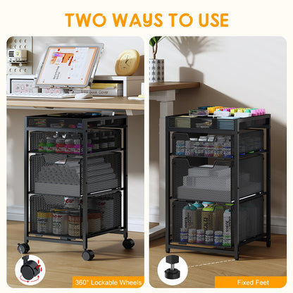Rolling Utility Cart with 3 Drawers, Craft Organizer and Storage with DIY Divider, Lockable Wheels, Multi-Functional Storage for Art Supplies, Store for Brushes & Paints & Small Parts(Patent Pending)