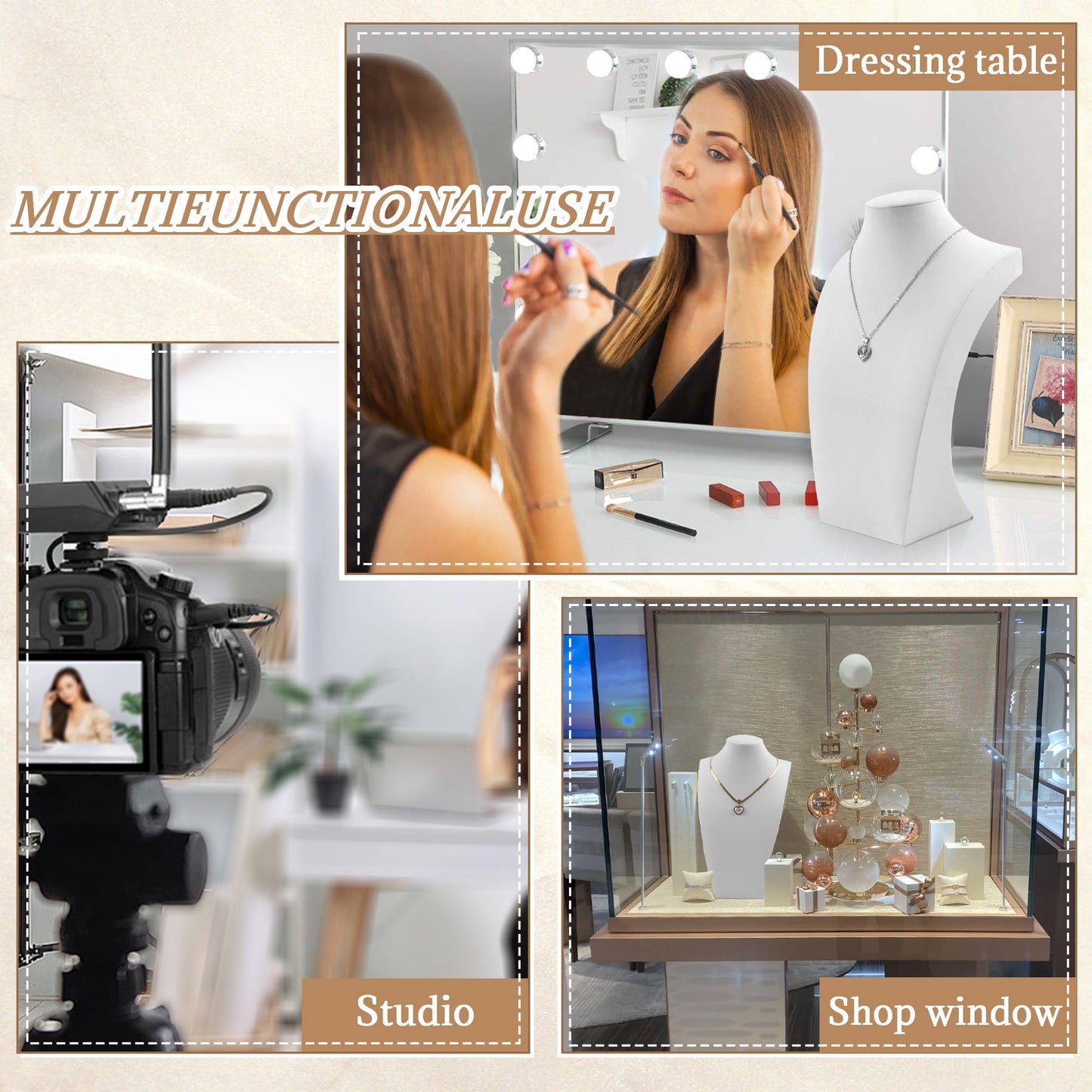 Homeanda Necklace Display Bust - PU Leather Jewelry Bust Stand for Photography, Boutique Display, and Home Organisation(White-11.4"x6.7")