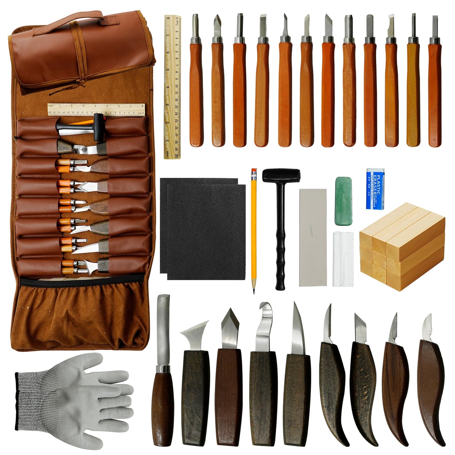 EDIETH 44Pcs Wood Carving Kit with Leather Case Complete Whittling Tool Set Includes Chisels, Knives, Gloves & Sharpening Stone for Beginners DIY Enthusiasts