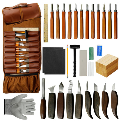 EDIETH 44Pcs Wood Carving Kit with Leather Case Complete Whittling Tool Set Includes Chisels, Knives, Gloves & Sharpening Stone for Beginners DIY Enthusiasts