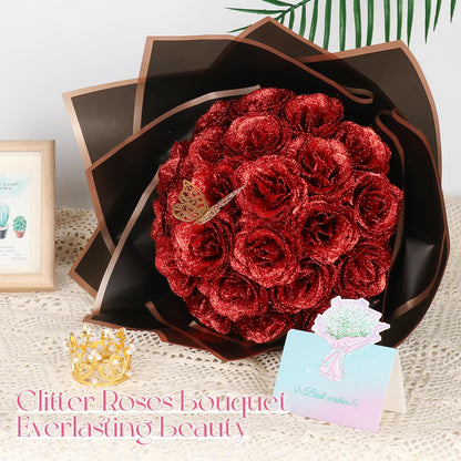 Complete Floral DIY Kit 24 Pcs Glitter Roses Bouquet Making Set with 12 Butterflies, Wrapping Paper, Cards, Ribbon & Crown Eternal Handmade Gift for Birthday, Anniversary, Mother's Day, Wedding (Red)