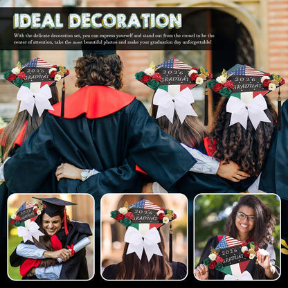 WinnerWhy 51Pcs DIY Mexican American Flag Graduation Cap Decorations 2026 Handmade Mexican American Grad Hat kit Included Faux Flower Heads Letter 3D Butterfly Stickers for Craft Graduation Cap Topper
