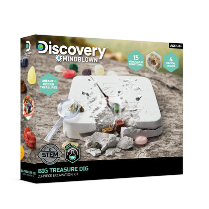 Discovery™ Big Treasure Dig STEM Kit – 23-Piece Excavation Set for Kids| Dig for 15 Gemstones, 4 Crystal Geodes & Pyrite Nuggets| Real Tools| Educational Geology Toy| Science Activity Gift| Ages 8+