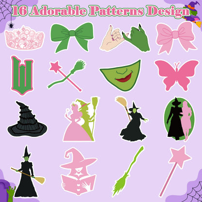 GUjianzhi 1000Pcs Witch Musical Stickers, Pink Crown Black Hat Green Broom Adhesive Decals for Kids Girls, Wicky Witch TV Movie Merchandise Party Decoration for Birthday Gifts Laptop Guitar Luggage