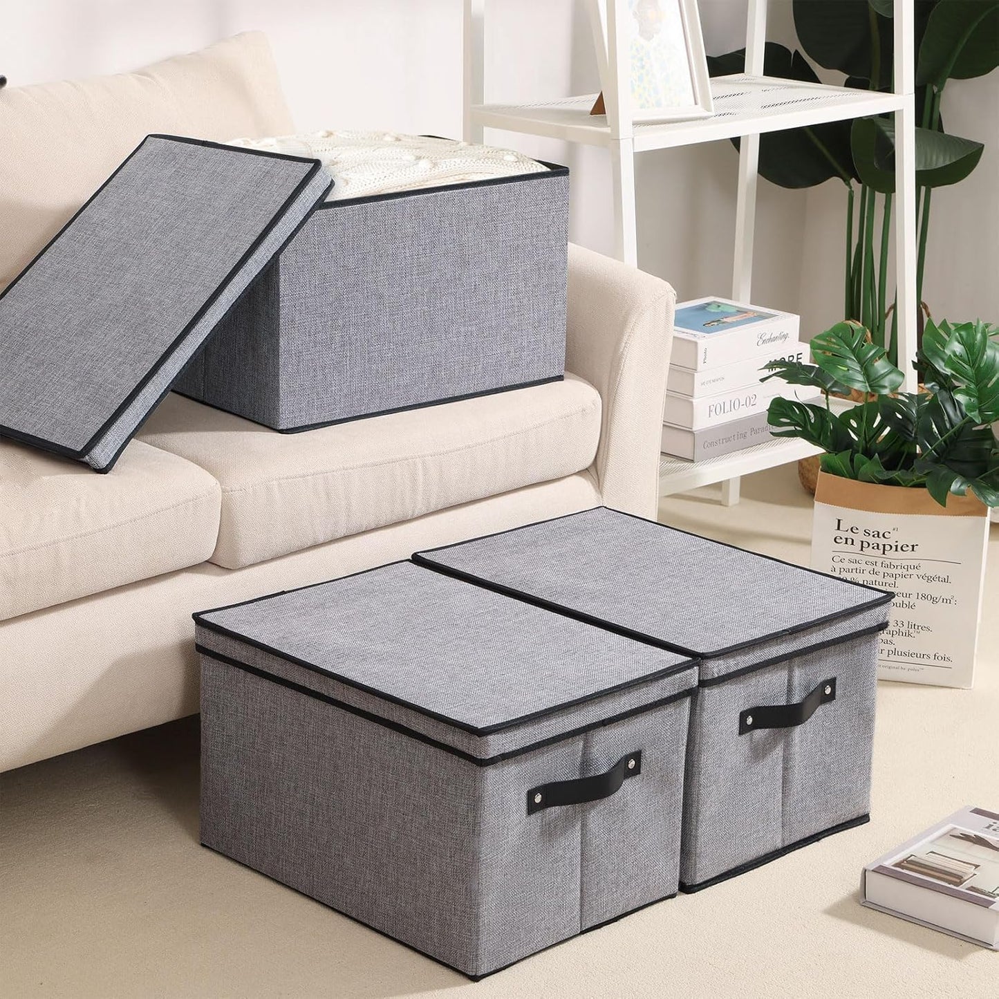 Fabric Storage Boxes, 16.5 x 11.8 x 10.2 Inch with Lids, Decorative Linen Closet Organizers, Large, Gray
