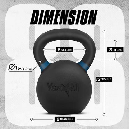 Yes4All Powder Coated Kettlebell, Cast Iron Core Kettlebells with Non-Slip Handle & Flat Bottom for Conditioning, Heavy Duty for Strength Training, 9lb to 71lb - Single & Pair