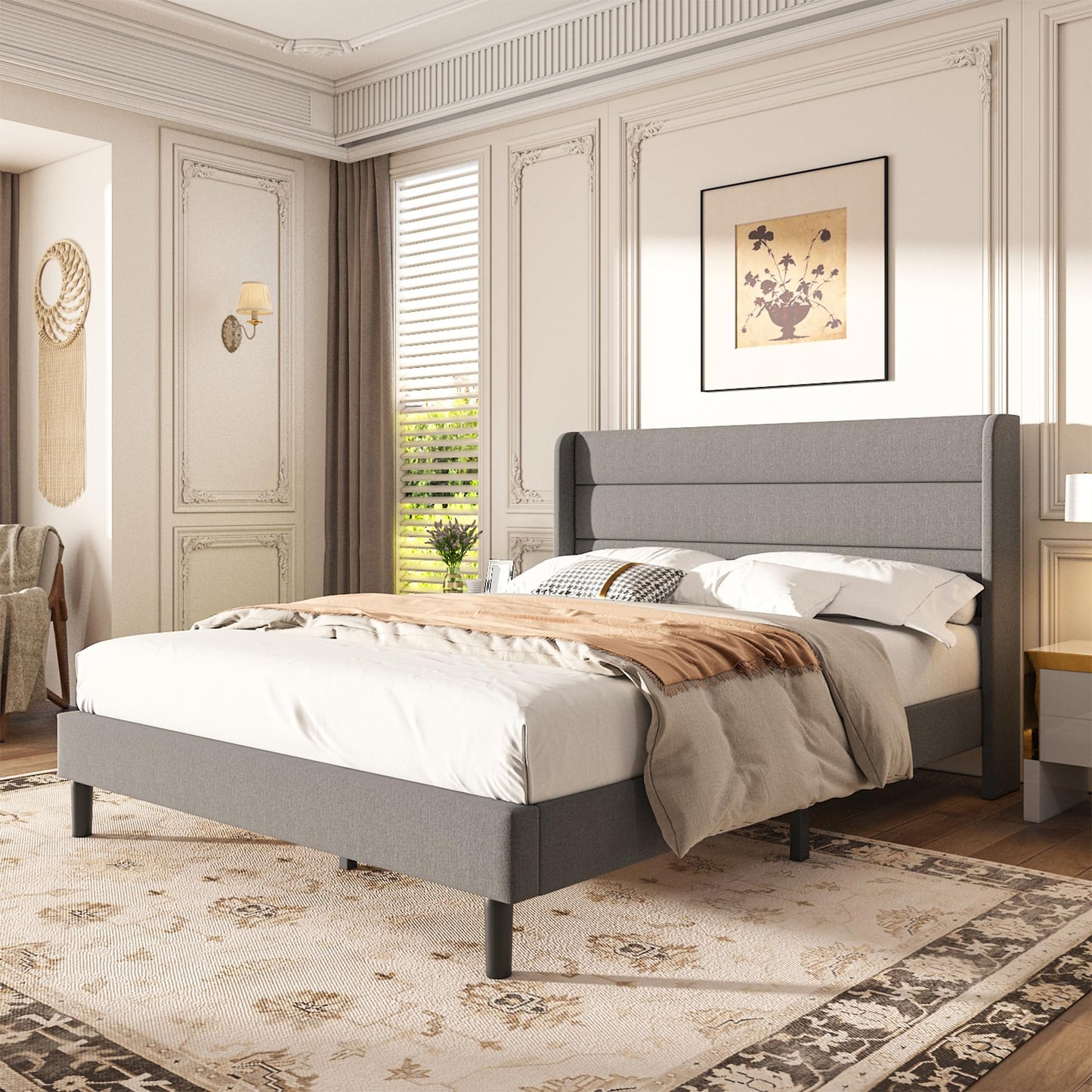 Mxhtcewz Queen Size Upholstered Platform Bed Frame, Modern Linen Fabric Bed with Wingback Headboard, Sturdy No Wobble, Noise-Free & Easy Assembly, No Box Spring Needed, Gray