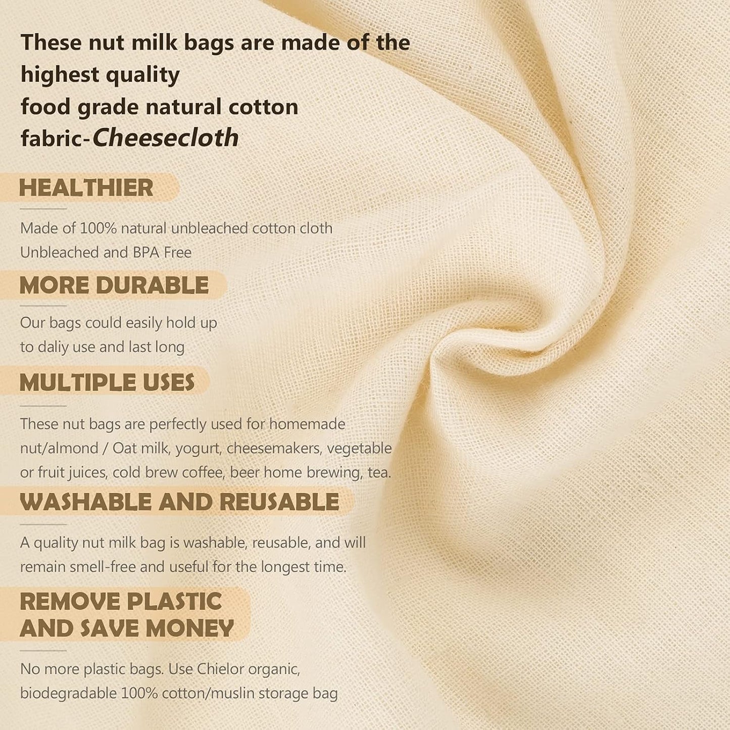 Chielor 10 Pack Nut Milk Bag, Multi-size Fine Mesh Grade Reusable Cheesecloth Bags Strainers, Unbleached Organic Cotton