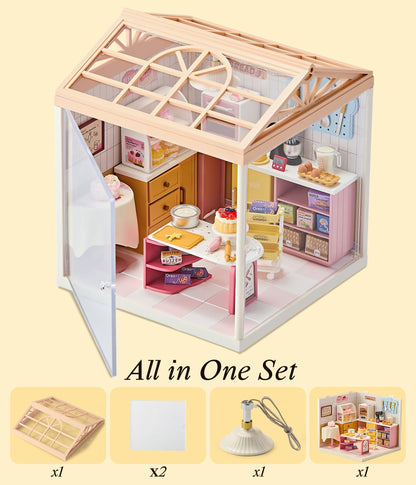 Tkmango Bakery Shop DIY Miniature House Kit with Roof & LED Light, Stackable & Connectable Dollhouse Kit with Dustproof Door, Creative DIY Crafts Building Toy Gift for Adults Teens