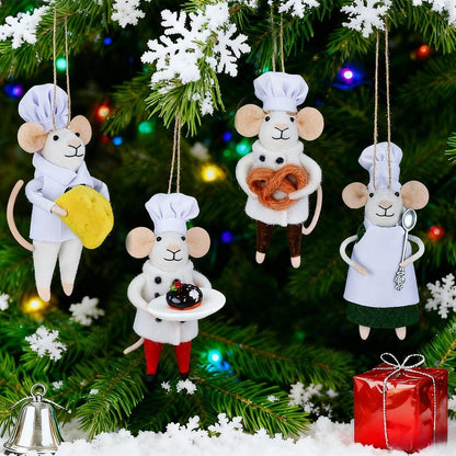 Watereem Set of 4 Christmas Felt Mouse Ornaments, 5.5" Mini Chef & Waiter Mice for Christmas Tree Wreath Hanging, Wool Xmas Tabletop Decor, Animal Crafts for Holiday Easter Gifts Party Supply