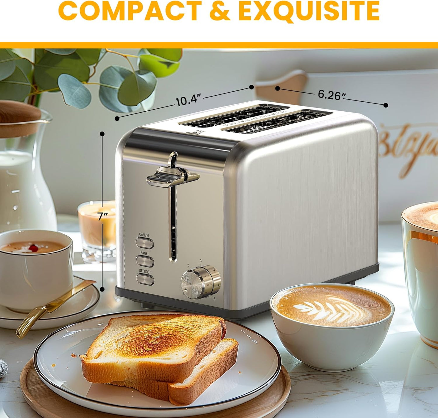 Simple Deluxe 2-Slice Toaster, Silver, 6 Browning Settings, 3 Functions, Extra Wide Slot & Removable Crumb Tray