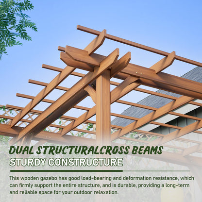 12 x 10 FT Outdoor Wood Pergola, Fir Wood Patio Pergola with Slatted Roof, Waterproof Garden Structure for Backyard, Deck, Patio and Lawn, Brown