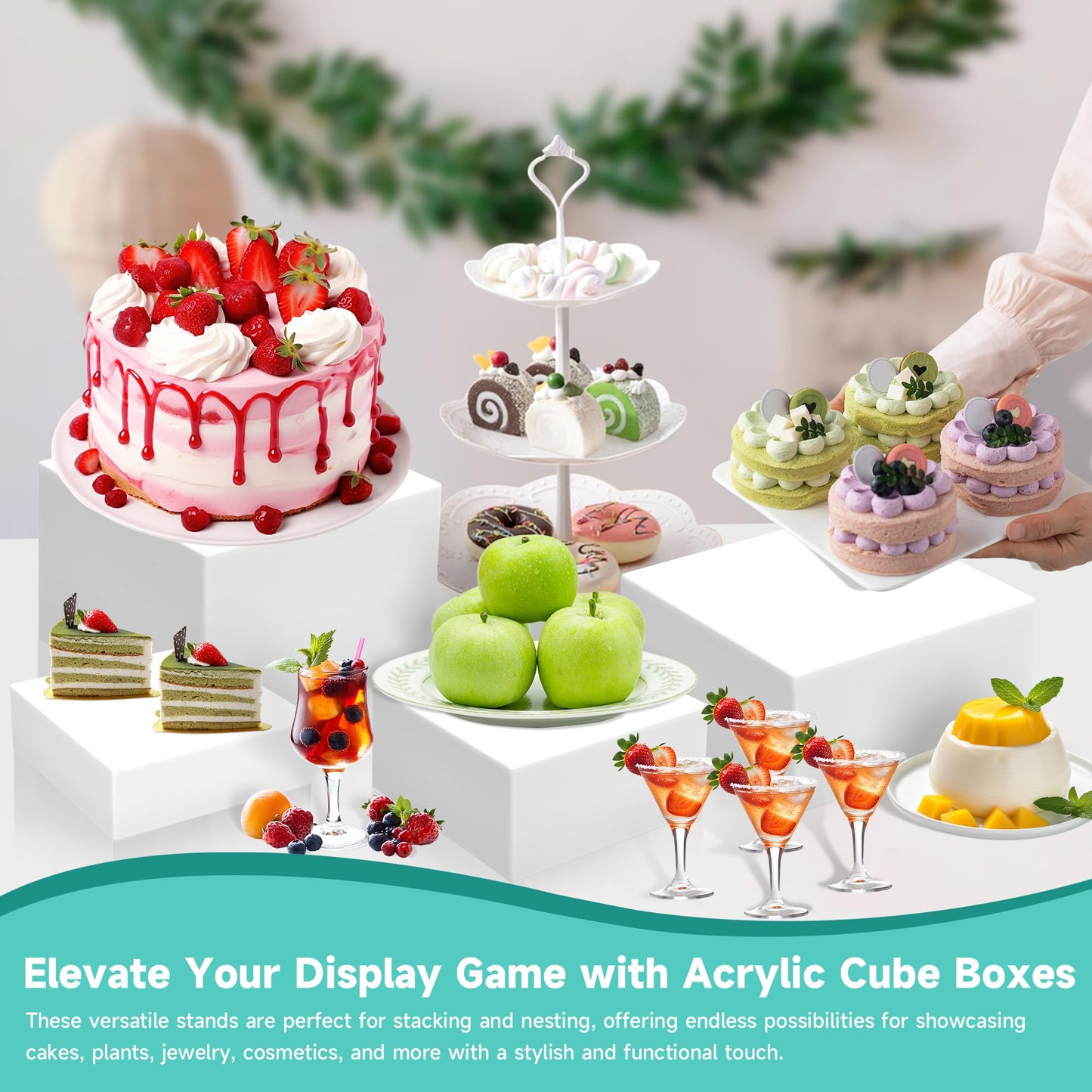 NoderLoya 6Pcs Buffet Risers,Food Risers for Buffet Table Display Stand Shelf for Party Catering Dessert Jewelry Collectibles Acrylic Cube Boxes Display Nesting Risers (white-S(5,6,6.8,7,7.5,8)