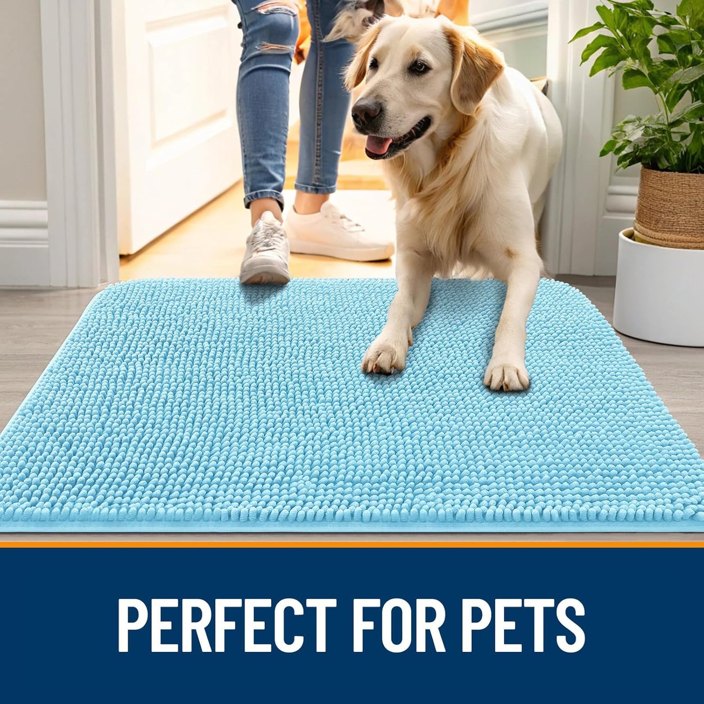 OLANLY Dog Door Mat - Absorbent Non-Slip Chenille Mat for Muddy Paws | 70x32, Quick Dry, Blue